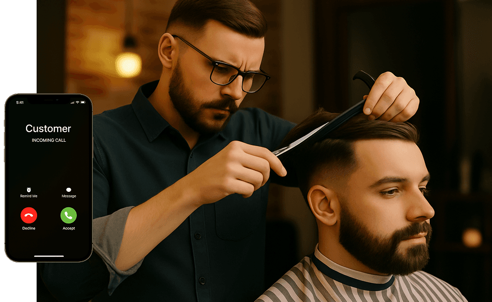 Barber cutting hair while receiving an incoming call - showing the interruption problem